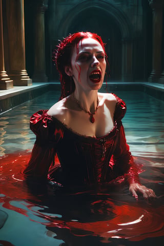 beautiful snarling 17th century Countess of Bathory Stepping into in a pool of red blood, hyper realistic, dramatic lighting, detailed hyperrealism, gothic, dark, low angle, dramatic lighting, 8k, art by Jeremy Mann, art by Agnes Cecile