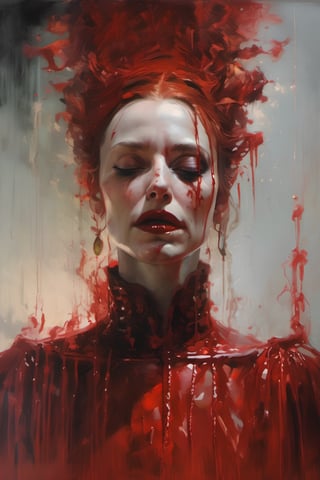 beautiful snarling 17th century Countess of Bathory Stepping into in a pool of red blood, hyper realistic, dramatic lighting, detailed hyperrealism, gothic, dark, low angle, dramatic lighting, 8k, art by Jeremy Mann, art by Agnes Cecile