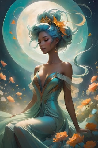 A wanderer from the celestial dimensions Soraka, Darkness graces every curve, Elegance in gloom. Divine proportion. Loish Anne Bachelier style, 32k, sitting on a field of flowers, looking up, ethereal form, voluptuous, messy bun hair, french kace flowing deep V dress, Fantasy Dream Art, reminiscent of a blend between deco steampunk and futuristic aesthetics, mist silhouette, top view, light, mist, moody, petal vortices, windy, mysterious, glossy hair, earthy, vivid, Abstract Neoralism