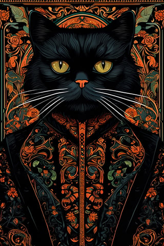 illustration of an gentleman Persian black cat, in the style of Vladimir Matyukhin art, uhd, necropunk, tapestries, wood, fancy vibes, whimsical illustrations