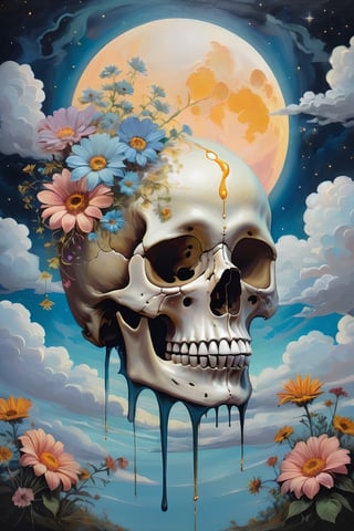 surrealist painting of a human skull with the moon, clouds, and melting flowers, abstract, surreal