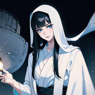 Solo, dominant pose, expressionless, cold, ghost, peice of white cloth overhead, gorgeous, 6'2, evil, milf, black hair, blunt bangs, flowing hair, white skin, white kimono, clevage, blue eyes and lips, upper body, body facing viewers, (Women waiting out the door), facing the viewer, Japanese hut, background blizzard storm, ((gloomy, night, dark night, dim lighting, lamp light )), shouji, male_pov,ghost costume