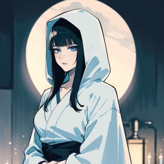 Solo, dominant pose, (shouji door), expressionless, thin hoodie, gorgeous, sexy, breasts ,cleveage, cold, ghost, peice of white cloth overhead, gorgeous, 6'2, evil, milf, black hair, blunt bangs, flowing hair, fair skin, white kimono, clevage, blue eyes and lips, upper body, body facing viewers, (Women waiting out the door), facing the viewer, Japanese hut, background blizzard storm, ((gloomy, night, dark night, dim lighting, lamp light )), shouji, male_pov,ghost costume