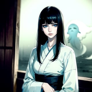 Solo, expressionless, cold, ghost, peice of white cloth overhead, gorgeous, 6'2, evil, milf, black hair, blunt bangs, flowing hair, white skin, white kimono, clevage, blue eyes and lips, upper body, body facing viewers, (Women waiting out the door), facing the viewer, Japanese hut, background blizzard storm, ((gloomy, night, dark night, dim lighting, lamp light )), shouji, male_pov,ghost costume