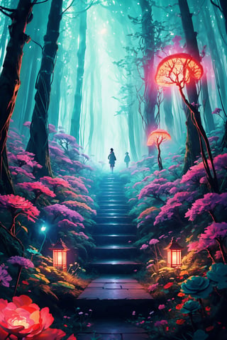 A captivating Japanese torii gate, standing tall amidst an enchanted bioluminescent forest that emanates ethereal beauty and a touch of magic. This mesmerizing scene is inspired by the unique style of Cathleen McAllister, blending elements of realism and fantasy. The torii gate is illuminated by the soft, enchanting glow of bioluminescent bugs, creating a wondrous and otherworldly atmosphere. The digital artwork is a testament to the artist's creativity and attention to detail, transporting viewers to a world of enchantment and awe. The color scheme features a mesmerizing array of luminescent hues, adding to the magical allure of the forest. Skillfully using digital art techniques, the artist brings the scene to life, evoking a sense of wonder and inviting viewers to immerse themselves in this enchanting realm.