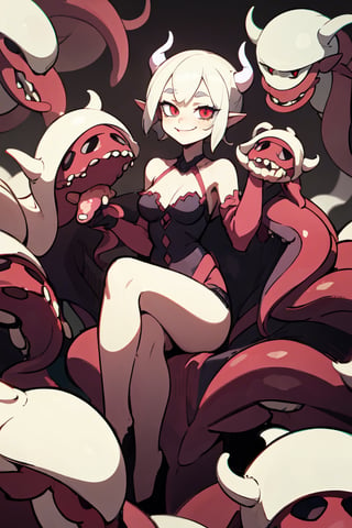 (best quality, masterpiece), demon girl, monsters, tentacles, hell, seductive smile, 