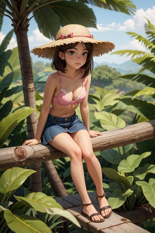 Girl in bra and mini skirt, wearing wood hat, hands on hat, sitting in jungle 