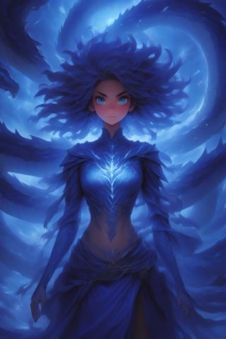 "Using the provided photo as a foundation, create a detailed illustration that encapsulates a girl with traits of multiple realms and legends. Her stature should hint at an otherworldly presence, with skin that has a faint metallic sheen. Her hair should flow with shades of sapphire and midnight blue, reminiscent of red and Blue-Eyed White Dragons. Concealed wings on her back should appear like intricate tattoos that can become tangible. Her eyes must gleam in electric blue, reflecting the storms of a lightning deity and the depth of an age-old spellcaster. Hands should bear the subtle strength of oceanic and magical forces. Finally, around her neck, a pendant should rest, pulsing softly with the essence of legends. This design should maintain the softness and emotion of the human face, echoing the details reminiscent of the mighty Megazords, and while drawing, emphasize high-definition precision on her eyes and face