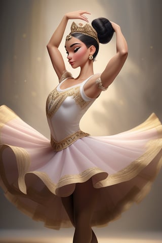  Female character with a ballet dancer theme, Her attire and accessories should be inspired by Colombian mythology or regional Colombian attire, embodying the rich heritage of the nation, Create various poses that highlight her graceful ballet movements, blended with a hint of irony and supreme confidence, As she dances, her expressions should exude the certainty of triumphing over any challenge that comes her way, Against a backdrop featuring mesmerizing landscapes from Colombian regions, showcasing the country's natural beauty and diversity, Her facial demeanor should blend the elegance of ballet with an assured smirk, portraying a dancer who knows she's unparalleled in her craft