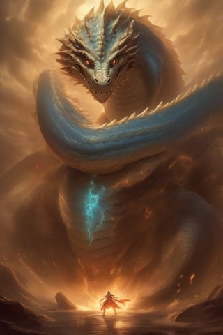 "Emerging from the depths of a multi-dimensional rift, this creature combines the very essence of the cosmos and the terrestrial. With the stature of a gigantic dragon that once merged with a white-eyed blue dragon, it has the body of a colossal T-Rex that blended with a mutated being, a celestial deity, and a courageous knight. Its wings, reminiscent of a massive wyvern combined with a fierce red dragon, span majestically, while its back is adorned with the regenerative spines of a colossal beast that was infused with an ancient, forbidden sorcerer.

This mighty creature's torso reminds onlookers of a colossal sea serpent, which, in a past life, combined forces with an abyssal behemoth, a mythical sea god, and a deep-sea warrior. The beast's limbs, powerful and swift, show the muscular features of a colossal land-living lizard which once intertwined its fate with an otherworldly collector, a voracious deity, and an aquatic monarch. The legs, meanwhile, resonate with the might of a giant wolf, a deity of lightning, fused with a dark magician, further combined with Zeus and an ogre.

Its tail, long and serpentine, mirrors that of a monstrous sand-dwelling creature that once amalgamated with a galactic worm, an electric god, and a magical sentinel. The creature's head, a thing of both beauty and terror, combines features of the behemoth T-Rex, the mystical knight, and the lightning deity, culminating in three pairs of eyes: one set burning with the fire of the red dragon, another shimmering with the depth of the abyss, and the last sparking with electric fury.

In 4K resolution, every scale, every feather, every strand of fur, and every rune on this creature would gleam with pristine clarity, radiating an aura of power, majesty, mystery, and an overwhelming presence that commands respect from all beings across dimensions."