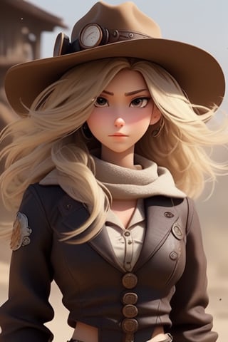 Female character with a cowgirl theme,Incorporate elements of steampunk style into her outfit and accessories,She should have blonde hair,Create various poses that highlight her as a gunslinger,Her facial expression should be charismatic, exuding confidence as if she could conquer any challenge or opponent,Ensure she has a well-toned physique,The design should have distinct Japanese anime-inspired features.