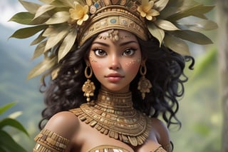 A female figure representing the pinnacle of human beauty, blending ideal attributes from diverse cultures and epochs, Her attire and accessories should resonate with Colombian mythology or regional Colombian styles, echoing the country's rich history and aesthetic appeal, Craft her form to depict the most harmoniously proportioned and healthiest human body, representing the zenith of evolutionary genetics without veering into the bizarre or exaggerated, Every feature, from the curve of her lips, the sparkle in her eyes, to the posture she assumes, should be meticulously detailed, epitomizing aesthetic perfection and purity, Set against a tableau of Colombia's captivating landscapes, reinforcing the synergy of natural beauty and human allure, Her expression should radiate a serene confidence, symbolizing the embodiment of human beauty and potential. The final design should encapsulate a woman who, through her appearance and Colombian-inspired attire, becomes a paragon of evolutionary aesthetics and elegance."