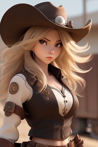 Female character with a cowgirl theme,Incorporate elements of steampunk style into her outfit and accessories,She should have blonde hair,Create various poses that highlight her as a gunslinger,Her facial expression should be charismatic, exuding confidence as if she could conquer any challenge or opponent,Ensure she has a well-toned physique,The design should have distinct Japanese anime-inspired features.