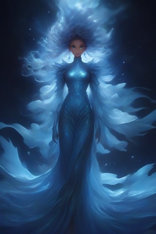 The ethereal woman stands as a testament to the harmonious melding of nature's beasts and cosmic wonders, condensed into a human form that exudes otherworldly charm. Her silhouette, reminiscent of an elegant dancer, is enhanced with subtle features pointing to her diverse heritage.

Her skin, a shade reminiscent of twilight, has an almost iridescent shimmer, as if catching the light in a way only a creature infused with the essence of a red and blue-eyed dragon would. It's not just the color, but the texture, which in 4K clarity, reveals faint patterns akin to the intricate designs seen on a dragon's wing or an interstellar commander's armor.

Sprouting gracefully from her back are wings, not oversized but delicate, embodying the essence of a majestic azure dragon and a vast space-faring worm. These wings possess a translucency, their veins forming patterns that seem inspired by both the depths of the oceans and the vastness of galaxies.

Her eyes, a mesmerizing electric blue, betray her lineage tied to a deity of lightning and a revered spellcaster. They hold an intensity, an ageless wisdom, as if she has seen the rise and fall of empires and the birth and death of stars. Above those eyes are eyebrows that have a slight curve, reminiscent of the fins of an aquatic serpent.

Her hair flows long and is reminiscent of a cascade, its color shifting from the deep blue of an oceanic behemoth to the silver hints of an ancient sorcerer. Each strand seems to be alive, moving as if it's influenced by underwater currents and cosmic winds, its detail perfectly captured in high definition.

Her nails, though manicured, have a slightly elongated shape, reflecting the traits of deep-sea creatures and ancient wizards. They emit a soft, bioluminescent glow, illuminating her path in darker surroundings.

As she moves, her grace is unparalleled, a blend of human agility and the ethereal float of a creature from the deep sea or outer space. Around her, the air seems to pulsate with a gentle energy, an aura that combines the mystery of the deep oceans with the vastness of the universe, making her presence both a comfort and a marvel to those fortunate enough to be in her company.