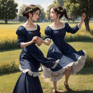 Masterpiece.  Two 19th century French country girls dancing a pastoral scene.  They have dark hair held.  They wear 19th century peasant style dresses and thyey have vibrant blue eyes and perfect features. Perfect skin. Very beautiful. Like a Bouguereau painting.  They are at a country dance.  Golden sunlight suffuses the scene. ,little_cute_girl