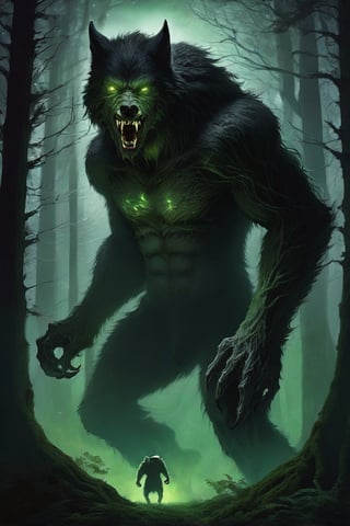 (((Masterpiece))) A huge bipedal werewolf with glowing green eyes stands in a moonlit forest clearing.  Its mouth is agape and its huge fangs glisten.  The entire scene is bathed in silver moonlight. Fog drifts between the tree trunks. ,monster