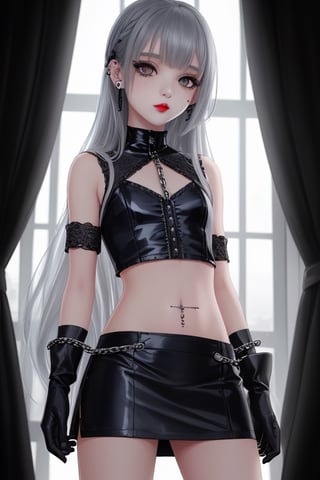 1 little girl, sexy, gothic girl with long hair, black eyeliner, black painted lips, tight clothing, exposed navel, short skirt, chain, gloves, platinum gray eyes, very dark blue hair, piercings ear,1 small mole on face, multiple panels