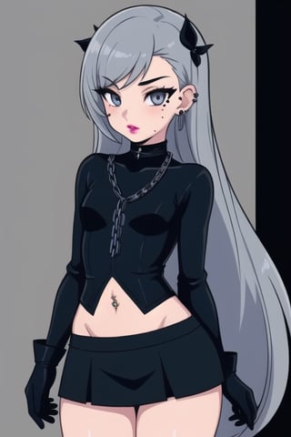 1 little girl, sexy,gothic girl with long hair, black eyeliner, black painted lips, tight clothing, exposed navel, short skirt, chain, gloves, platinum gray eyes, very dark blue hair, piercings ear, small mole on face, multiple panels