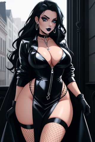 1 woman, sexy and tough, big breasts, wide hips, gothic girl with long hair, black eyeliner, black lipstick, gloves, blue eyes, black hair, ear piercings, choker, fishnet stockings, jacket, chain, white wedding dress