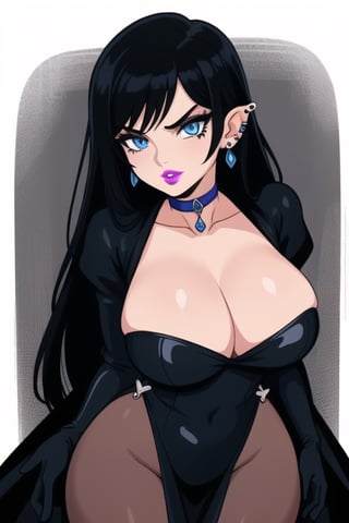 1 woman, sexy and tough, big breasts, wide hips, gothic girl with long hair, black eyeliner, black painted lips, gloves, blue eyes, black hair, ear piercings, choker, wedding dress