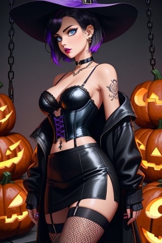 Halloween 🎃,pumpkins,witch_hat,1 woman, gothic girl with short hair, black eyeliner, black painted lips, fingerless gloves, blue eyes, beautiful eyes, black hair, hair with violet highlights, ear piercings, choker, fishnet stockings, jacket, chain, exposed navel, tattoo, skirt, waist shaping corset