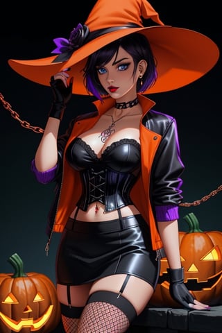 Halloween 🎃,pumpkins,witch_hat,1 woman, gothic girl with short hair, black eyeliner, black painted lips, fingerless gloves, blue eyes, beautiful eyes, black hair, hair with violet highlights, ear piercings, choker, fishnet stockings, jacket, chain, exposed navel, tattoo, skirt, waist shaping corset