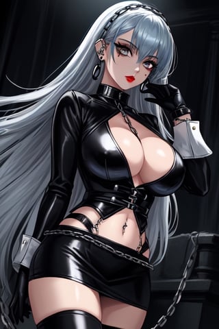 1 girl, gothic woman with long hair, black eyeliner, black painted lips, big breasts, cleavage, tight clothing, exposed navel, short skirt, chain, gloves, platinum gray eyes, exposed nipples, blue hair dark, ear piercings