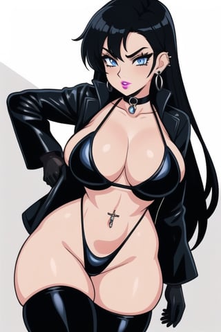 1 woman, sexy and tough, big breasts, wide hips, gothic girl with long hair, black eyeliner, black painted lips, gloves, blue eyes, black hair, ear piercings, choker, life jacket, swimsuit