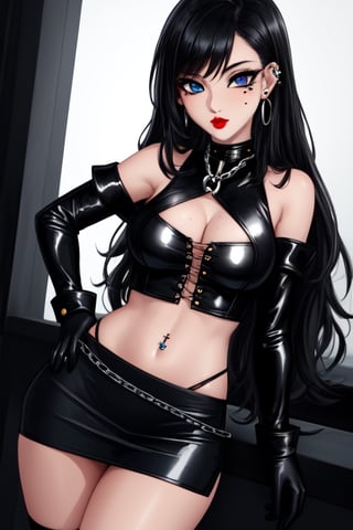 1 woman, sexy and cute, big breasts, big ass and wide buttocks, gothic girl with long hair, black eyeliner, black painted lips, tight clothes, exposed navel, short skirt, chain, gloves, blue eyes, black hair , ear piercings, 1 small mole on face