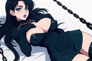 1 girl, gothic woman with long hair, black eyeliner, black painted lips, big breasts, cleavage, tight clothing, exposed navel, short skirt, chain, gloves, blue eyes, exposed nipples, hand touching her chest, long hair dark blue color