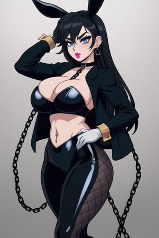 1 woman, sexy and tough, big breasts, big ass and wide hips, gothic girl with long hair, black eyeliner, black painted lips, tight clothes, exposed navel, chain, gloves, blue eyes, black hair, piercings ears, fishnet leggings, jacket, choker,playboy suit