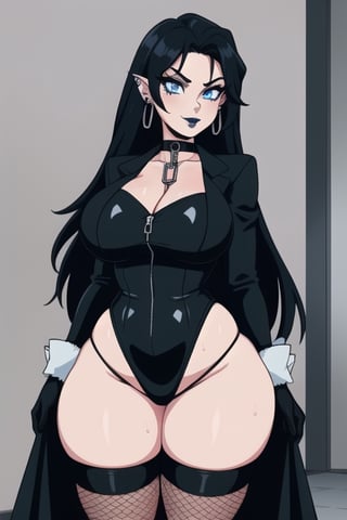 1 woman, sexy and tough, big breasts, wide hips, gothic girl with long hair, black eyeliner, black lipstick, gloves, blue eyes, black hair, ear piercings, choker, fishnet stockings, jacket, chain, white wedding dress