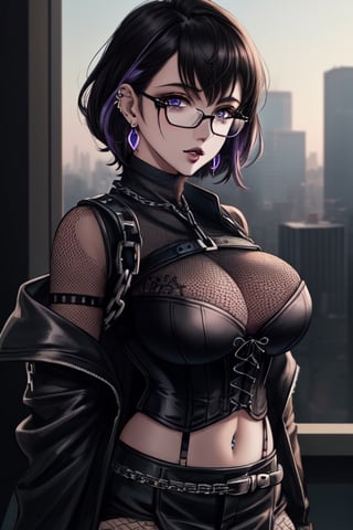 (best quality,4k, ultra detailed, ultra high resolution, high quality, detailed image, HD background, beautiful detailed face:1.3),((masterpiece)),(illustration),city((1 woman)),(Full-bust high neck with mesh cups:1.8),glasses,gothic girl with short hair, black eyeliner,(black painted lips:1.5),very dark blue lips), fingerless gloves, blue eyes,(well-made eyes, even eyes, well-drawn eyes), pretty eyes,Beautiful lips, black hair, hair with violet highlights, ear piercings, choker, fishnet stockings, jacket, chain, exposed navel, tattoo ,skirt,waist shaping corset,