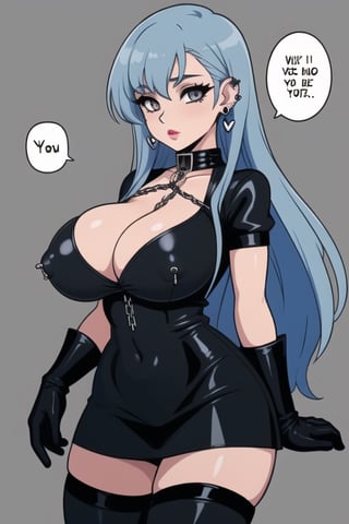 1 girl, gothic woman with long hair, black eyeliner, black painted lips, big breasts, cleavage, tight clothing, exposed navel, short skirt, chain, gloves, platinum gray eyes, exposed nipples, blue hair dark, ear piercings, text balloon saying "I love you"