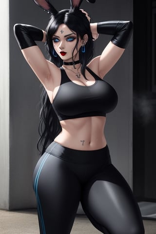 1 woman, sexy and tough, big breasts, big ass and wide hips, gothic girl with long hair, black eyeliner, black painted lips, gloves, blue eyes, black hair, ear piercings, choker, sportswear, rabbit ears, semi-human, inhuman, sweating, doing yoga exercise