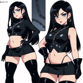 1 woman, sexy and cute,big breasts,big ass and wide buttocks, gothic girl with long hair, black eyeliner, black painted lips, tight clothing, exposed navel, short skirt, chain, gloves, blue eyes, black hair, ear piercings ,1 small mole on face, multiple panels