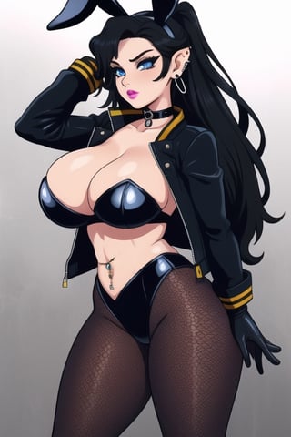 1 woman, sexy and tough, big breasts, big ass and wide hips, gothic girl with long hair, black eyeliner, black painted lips, tight clothes, exposed navel, chain, gloves, blue eyes, black hair, piercings ears, fishnet leggings, jacket, choker,playboy suit