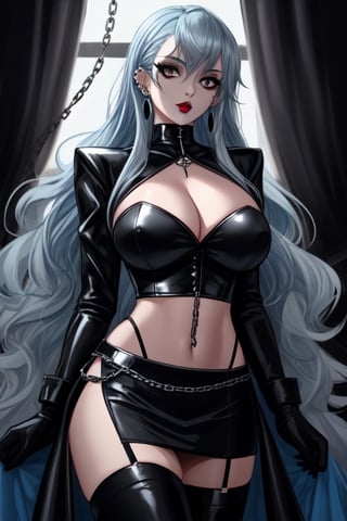 1 girl, gothic woman with long hair, black eyeliner, black painted lips, big breasts, cleavage, tight clothing, exposed navel, short skirt, chain, gloves, platinum gray eyes, exposed nipples, blue hair dark, ear piercings