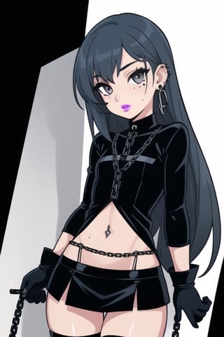 1 little girl, sexy, gothic girl with long hair, black eyeliner, black painted lips, tight clothing, exposed navel, short skirt, chain, gloves, platinum gray eyes, very dark blue hair, piercings ear, small mole on face, multiple panels