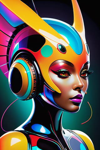 An abstract digital artwork where the alien woman's ant head in a shiny plug suit becomes a focal point amid a whirlwind of vibrant colors and geometric shapes, conveying a sense of avant-garde surrealism that challenges conventional perceptions of beauty.