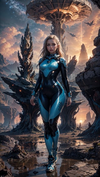 A stunning photorealistic image of a ravishing retro space girl posing confidently against a breathtaking sunset-lit alien landscape. Dramatic rock formations tower in the background, while wind-whipped clouds billow across the sky. The space ranger Girl wears a High GLOSSY white Thight Plugsuit with light Blue blue accents, striking a pose that exudes vintage sci-fi glamour. The rule of thirds composition draws the viewer's eye to her captivating gaze, as rich colors and sharp focus create an image of unparalleled detail.Full Body,Dynamic Angle,lake,alien plants,cosmiclandscapes,mysterious,strange rock formations,barren planet,desert,strange growths