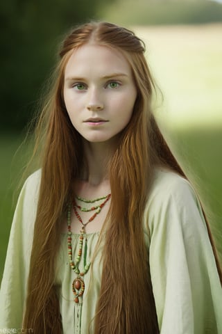 beautiful full body Native irland woman, long ginger hair, light green eyes healer, teenager, traditional_clothing, natural mystical, WOMAN,Movie Still, ,Film Still
