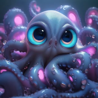 Matrix background, cute baby octopus with ten tentacles, pixar, disney, eye contact, masterpiece,  extremely best quality,  official art,  cg 8k wallpaper,  (Fantasy Style:1.1),  (artistic atmosphere:1.2), pixiv 10000 users,  highly detailed,  pixiv, incredibly detailed, (best quality)