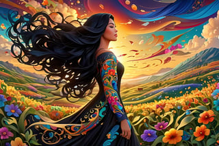 beautiful woman with long flowy black hair blowing with the wind, colorful floral tattoos covering her body, walking through a field with flowering vines, work of beauty and complexity with intricate elements that differentiate this imagine from other, 8k UHD, jason naylor style, colorful rendition, curvy_hips, EpicSky,Cubist artwork ,3d style, sunset sky,  amber glow 