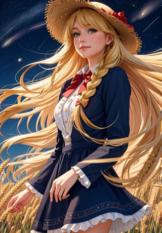 award winning <(realistic:1.2), (extremely intricate:1.2), (oil painting:0.7)>, (anime style:1.0), 1girl, solo, (straw hat with flowers:1.1), star (symbol), (long blonde hair flowing in the breeze), soft smile, [((gorgeous green eyes))], (navy dress with white frill collar:0.8), [red bow], long sleeves, (single braid), red rose, looking at viewer, adorable, captivating, center frills, bowtie, bangs, closed mouth, hand touching wheat, (mature woman:1.59), beautiful (dark) night sky in a wheat field, ((at night)), (wind), (monochrome:1.2)
