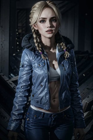 JessicaUntil, 1girl, solo, braid, blonde hair, jacket, denim, realistic, twin braids, pants, dark, jeans, lora:JessicaUntil:0.7