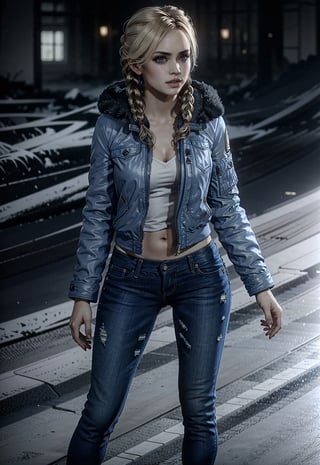 JessicaUntil, 1girl, solo, braid, blonde hair, jacket, denim, realistic, twin braids, pants, dark, jeans, lora:JessicaUntil:0.7