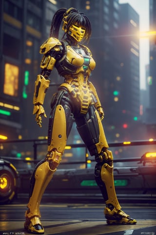 lora:Cyrax_v1:0.7, Masterpiece, best quality, (highly detailed raw photo:1.2), 8k render in octane, volumetric lighting, volumetric shadows , portrait of a yellow robot, (armor reflexions:1.2), attack posture, long hair, random posture
((cyberpunk city with people in the background))
,a yellow robot