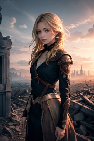 (masterpiece, best quality), 1girl, blonde hair, sidelocks, fantasy, post-apocalypse, ruins, scenery, light particle, messy hair,