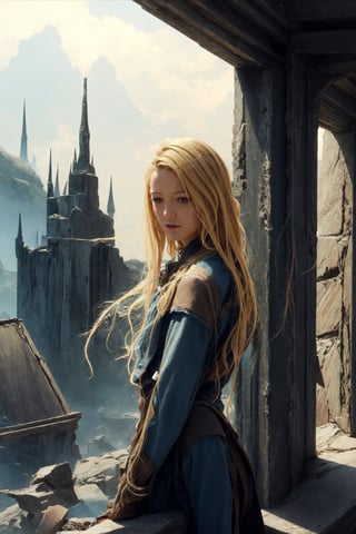 (masterpiece, best quality), 1girl, blonde hair, sidelocks, fantasy, post-apocalypse, ruins, scenery, light particle, messy hair,